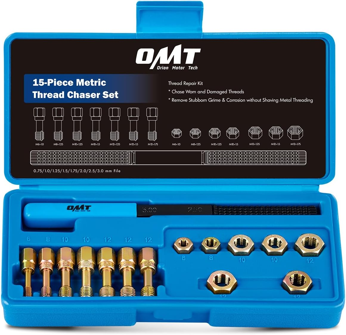 Orion Motor Tech 15 Piece Metric Thread Chaser Set, Master Thread Repair Kit Includes 7 Taps 7 Dies 1 Thread File, Universal Rethreading Kit Thread Restorer Tool Set in M6 M8 M10 M12 Sizes image number 1