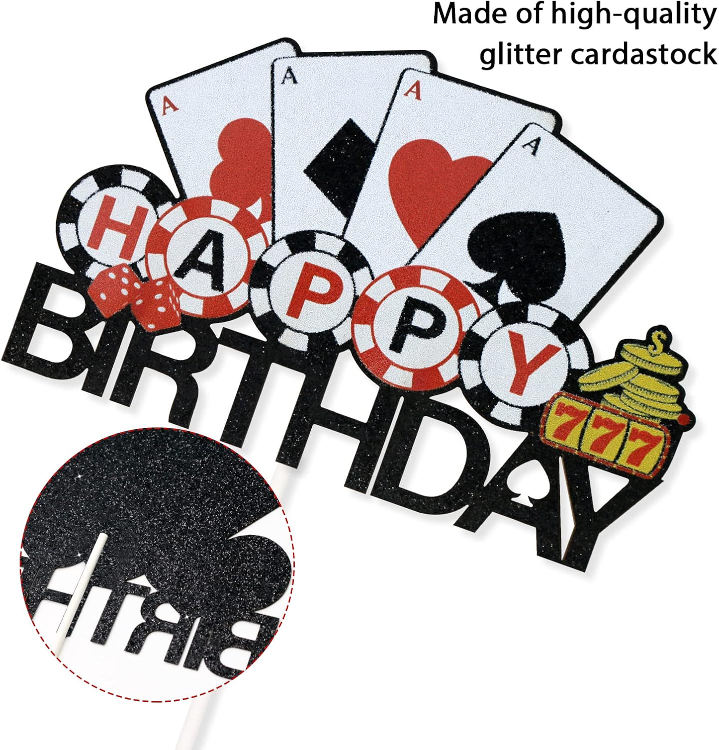 Casino Happy Birthday Cake Topper, Poker Theme Birthday Cake Decor, Las Vegas Party Supplies, Pre-Assembled, Double-Sided Glitter image number 3