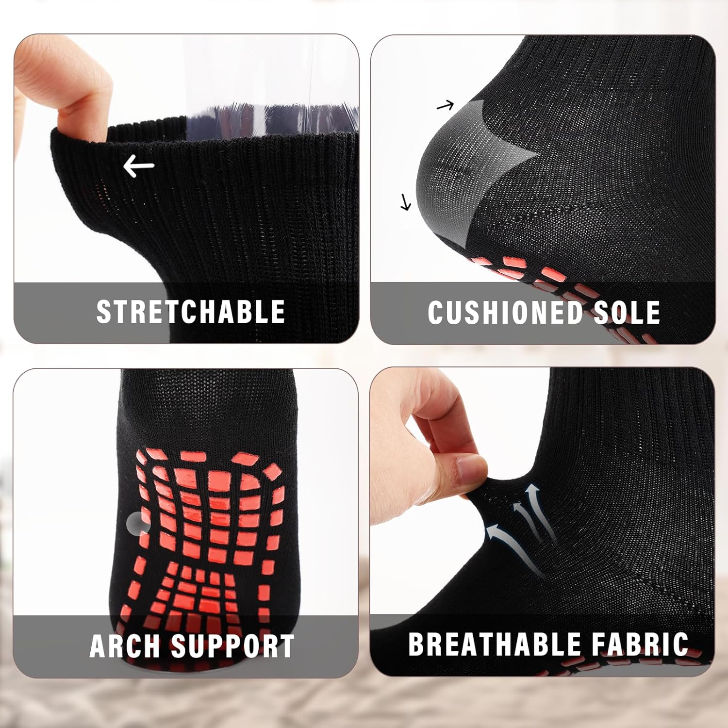 Supcomsta Non Slip Socks for Men Women, Grippy Socks Fitness Grip Sock Pilates, Pilates Grip Yoga Socks with Grips for Women Sport Dance - Men, 3-Black image number 4