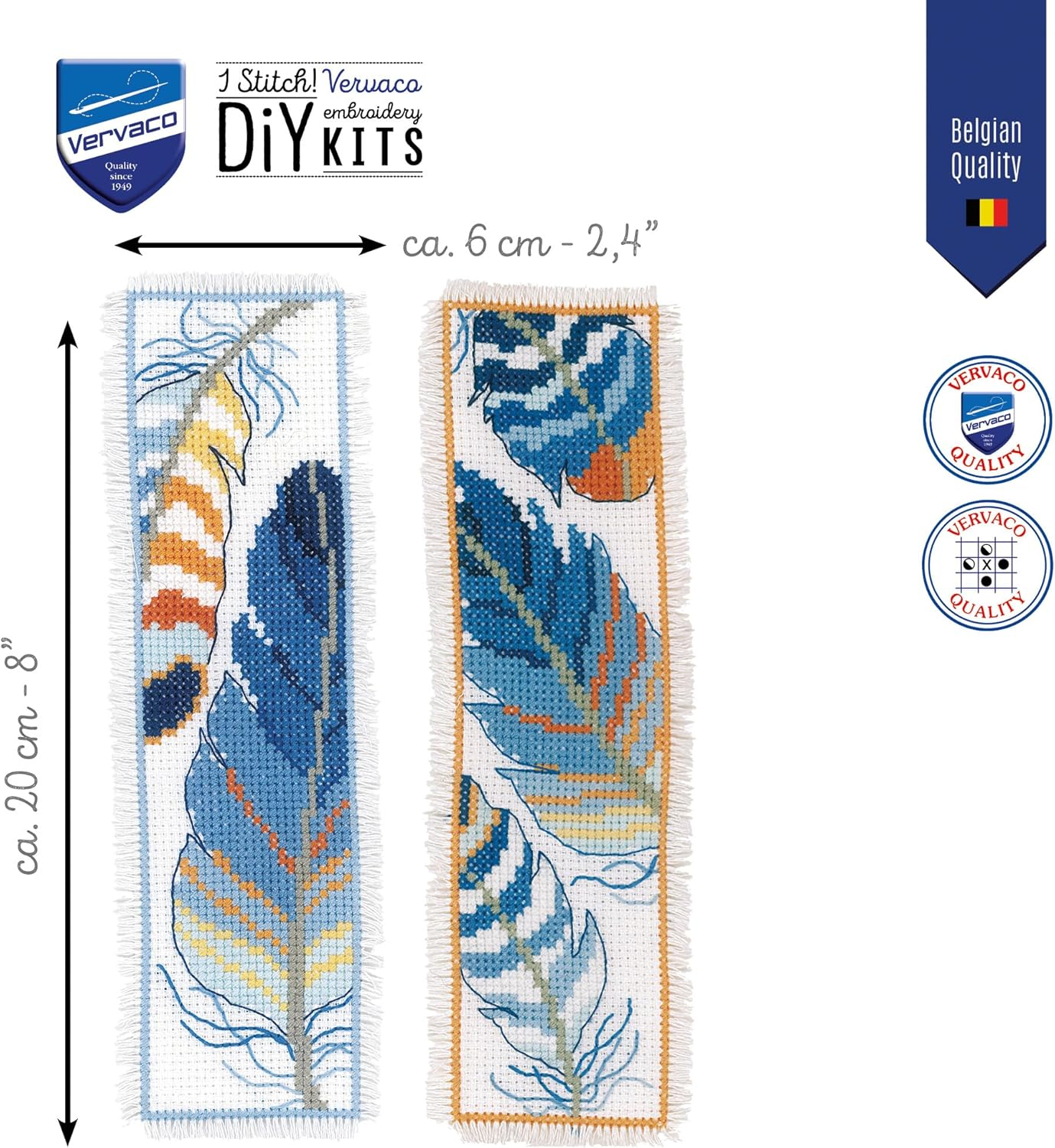 Vervaco PN-0170379 Blue Feathers Set of 2 Bookmarks Embroidery Kit Counted Pattern Cotton Multi-Coloured Approx. 6 X 20 Cm / 2.4 X 8 Inches image number 2