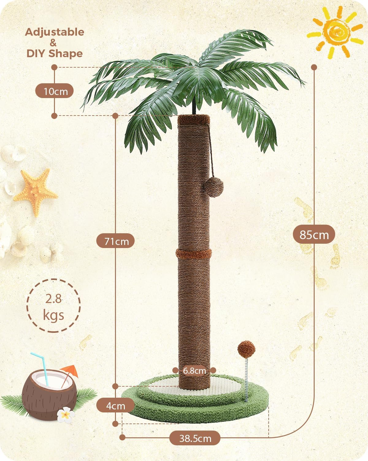 PAWZ Road Coconut Palm Cat Scratching Post, 85Cm Height Cat Scratcher for Indoor Cats with Interactive Balls Brown