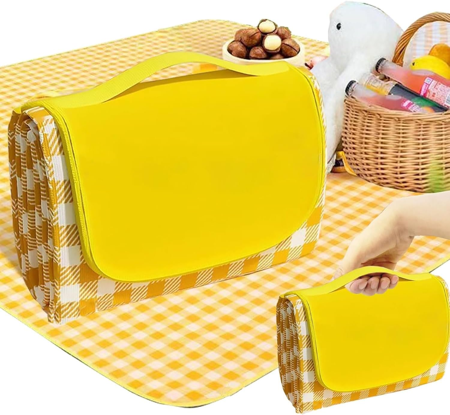 Picnic Outdoor Blankets, Extra Large 200 * 300CM Beach Blanket, Thick 3-Layers Camping Waterproof Mat for Camp Hiking Park, Portable Foldable Rug for Family-Yellow, Sandproof & Machine Washable. image number 3