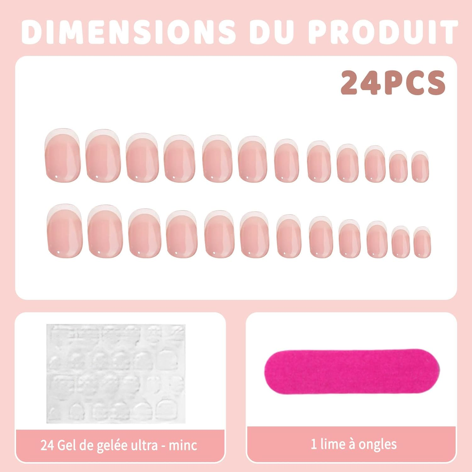 Gozina 24 Fake Nail Short, Pink Gradient Fake Nail Stickers, French Nail Stickers, Reusable Nail Stickers, Suitable for Women and Girls image number 3