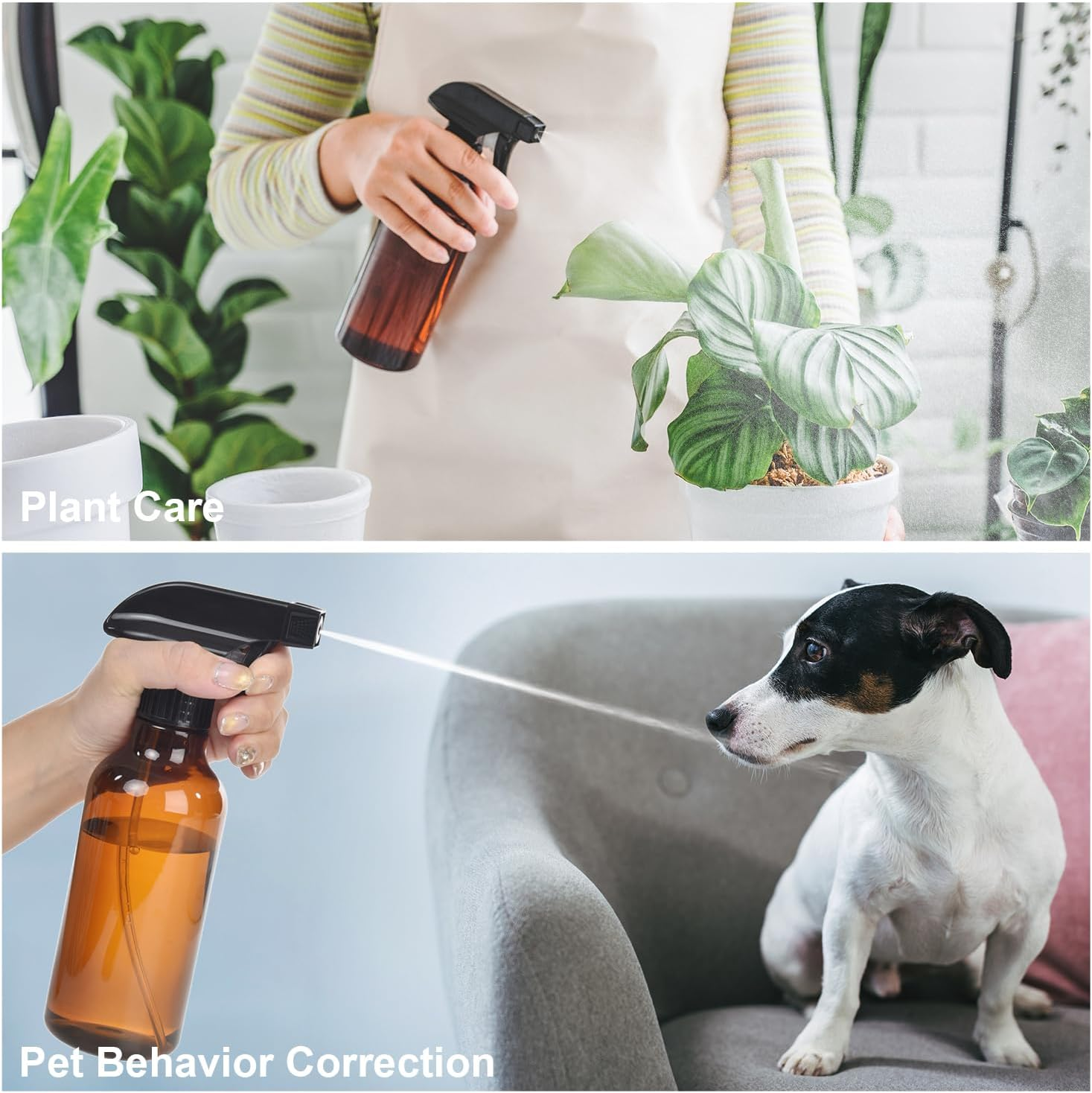 Plastic Spray Bottles, 2-Pack, 16.9 Oz, Mist & Stream, Heavy Duty Spraying, Empty Water Spray Bottle for Cleaning Solutions, Essential Oils, Hair, Plants, BBQ, Cat Dog Behavior Correction (Amber)
