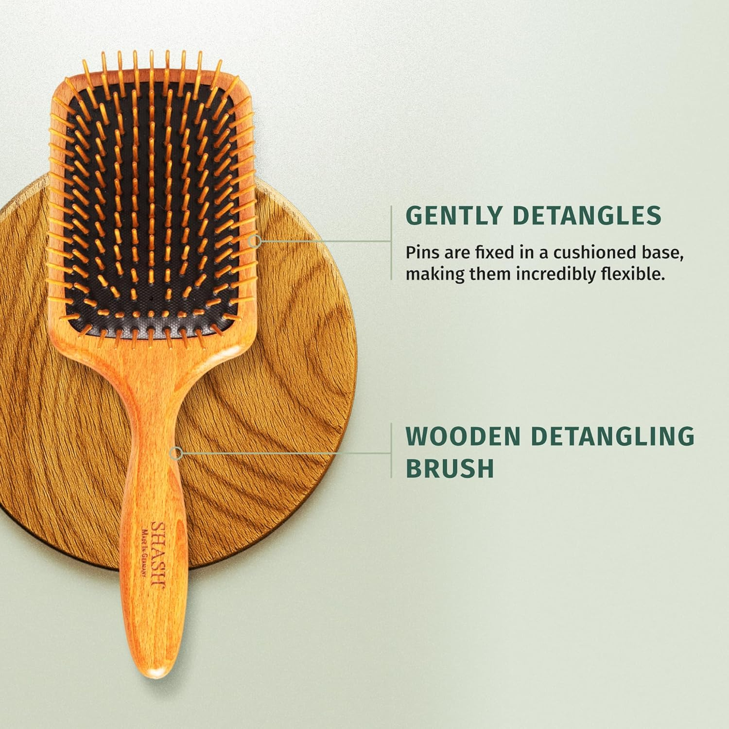 SHASH since 1869 Made in Germany Wooden Paddle Brush - Gently Detangles, Styles, Conditions Hair with Minimal Frizz and Breakage - Safe for All Hair Types, Wet or Dry - Eco-Sourced Wood image number 3