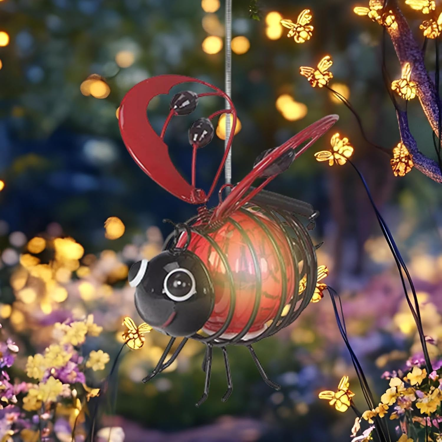 Solar Garden Lights, Honey Bee Fairy Lights, Solar Bee Lights Outdoor, Animal Solar Garden Lights with Spring and Hook, Hanging Solar Lights, Metal Led Lighting for Garden Terraces Lawns - 3Pc image number 3