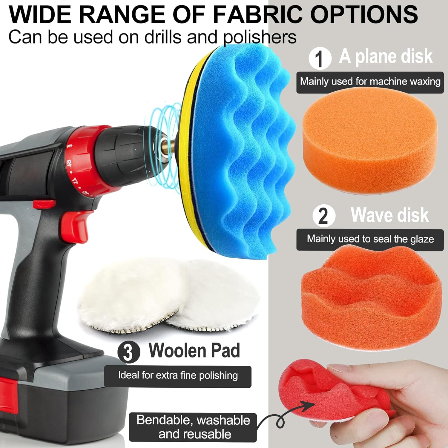 3 Inch Car Foam Drill Polishing Pad, Kits of 24 Pcs, Car Sponge Buffing Pads, Woolen Buffer Pads, Suction Cup with Drill Adapter for Car Polishing Waxing Sealing Glaze image number 2