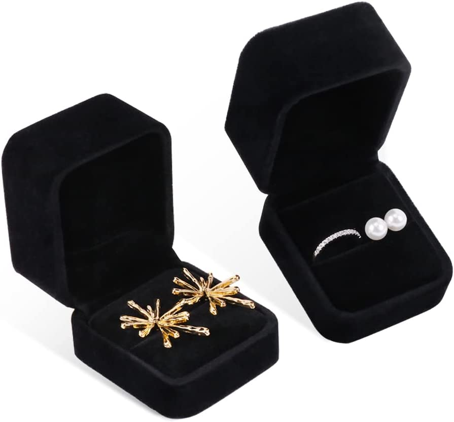 Isuperb Set of 2 Unit Classic Velvet Couple Ring Box Earring Jewelry Case Gift Boxes 2.2X1.9X1.6 Inch