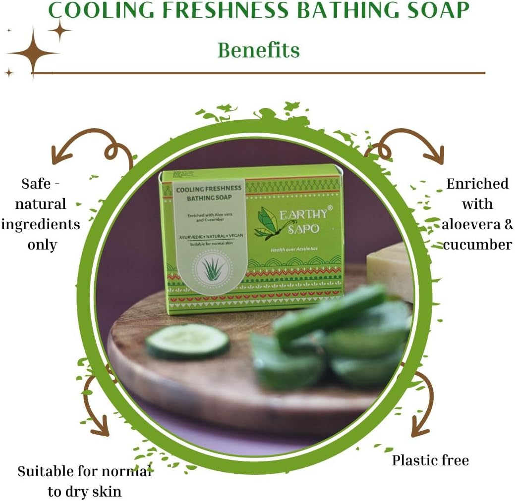 Earthy Sapo Handmade Cooling Freshness Bathing Soap (Alovera, Cucumber Soap), 100G image number 4