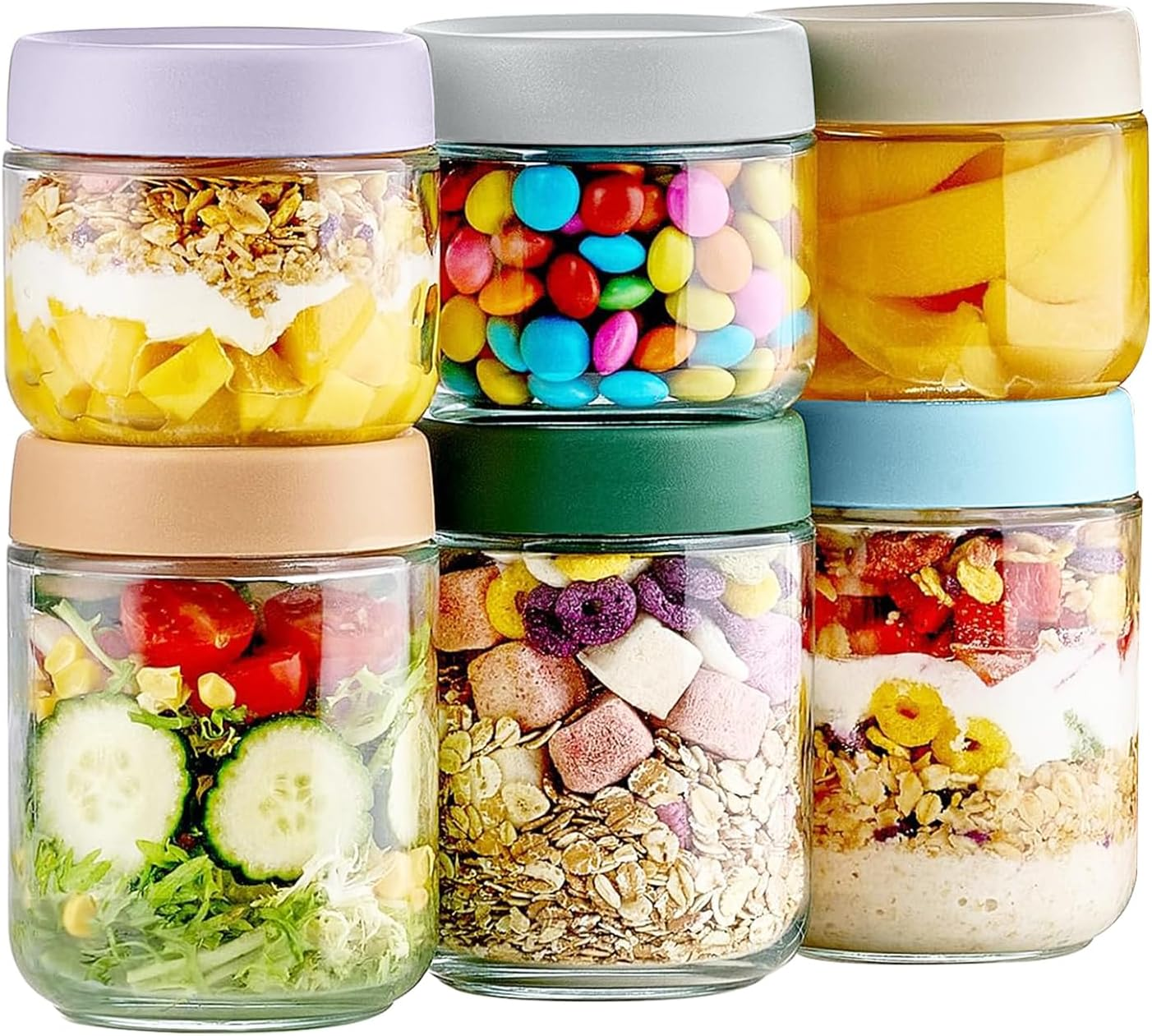 6 Pack Overnight Oats Container Jar with Lid, 10 OZ &16 OZ Wide Mouth Jar & Airtight Glass Food Storage Jar, Meal Prep Container for Salad, Spice, Dressing, Snacks,Sauce image number 1