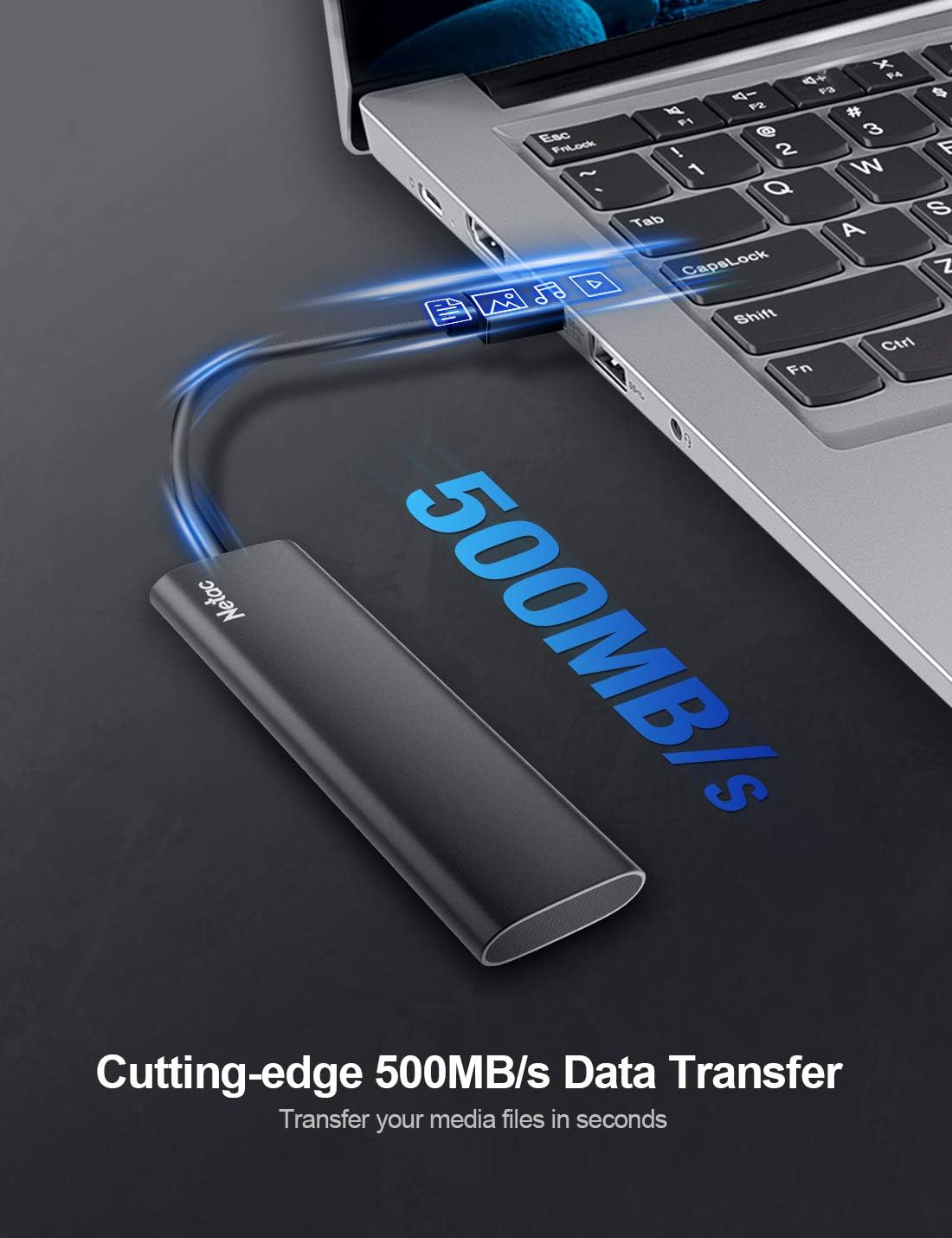 Netac 250GB Z Slim 550Mb/S USB External Hard Drive SSD Portable High Speed USB 3.2 Gen 2 Type-C Aluminum Black Portable SSD - 2.0 Tb, Zx20L image number 2