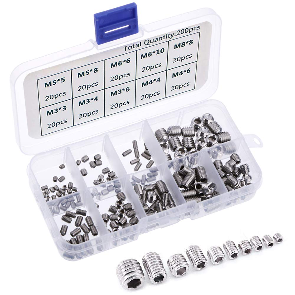 Yakamoz Allen Head Screw, Set of 200Pcs M3 M4 M5 M6 M8 Hex Allen Head Socket Grub Screw Stainless Steel Cup Point Metric Screws Assortment Fasteners Kits image number 1