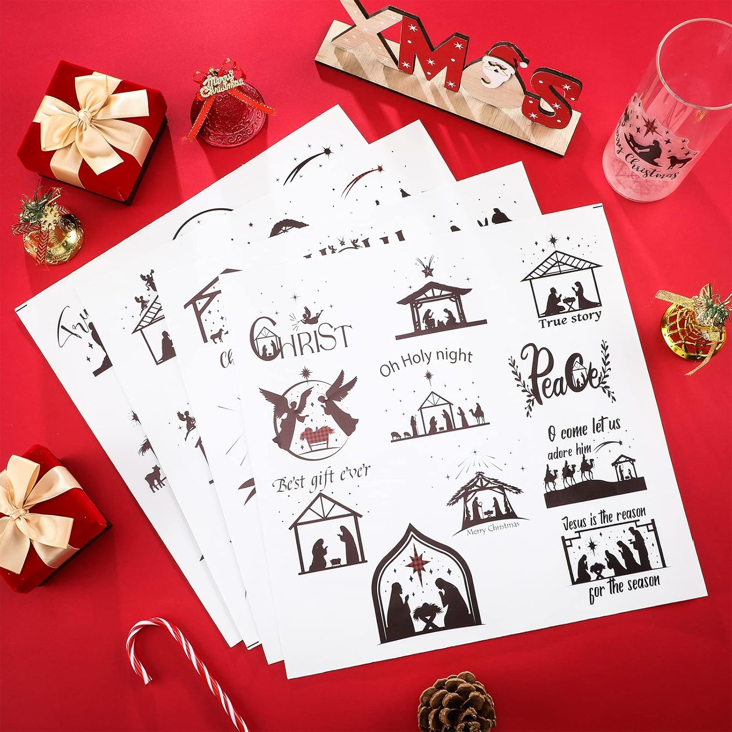 80 Pieces Nativity Mason Jar Vinyl Decals, Manger Scene Stickers, Santa Wreath Christmas Stickers for Glass Jar, Window, Bottle, Gift Box Decorations, 40 Styles image number 1