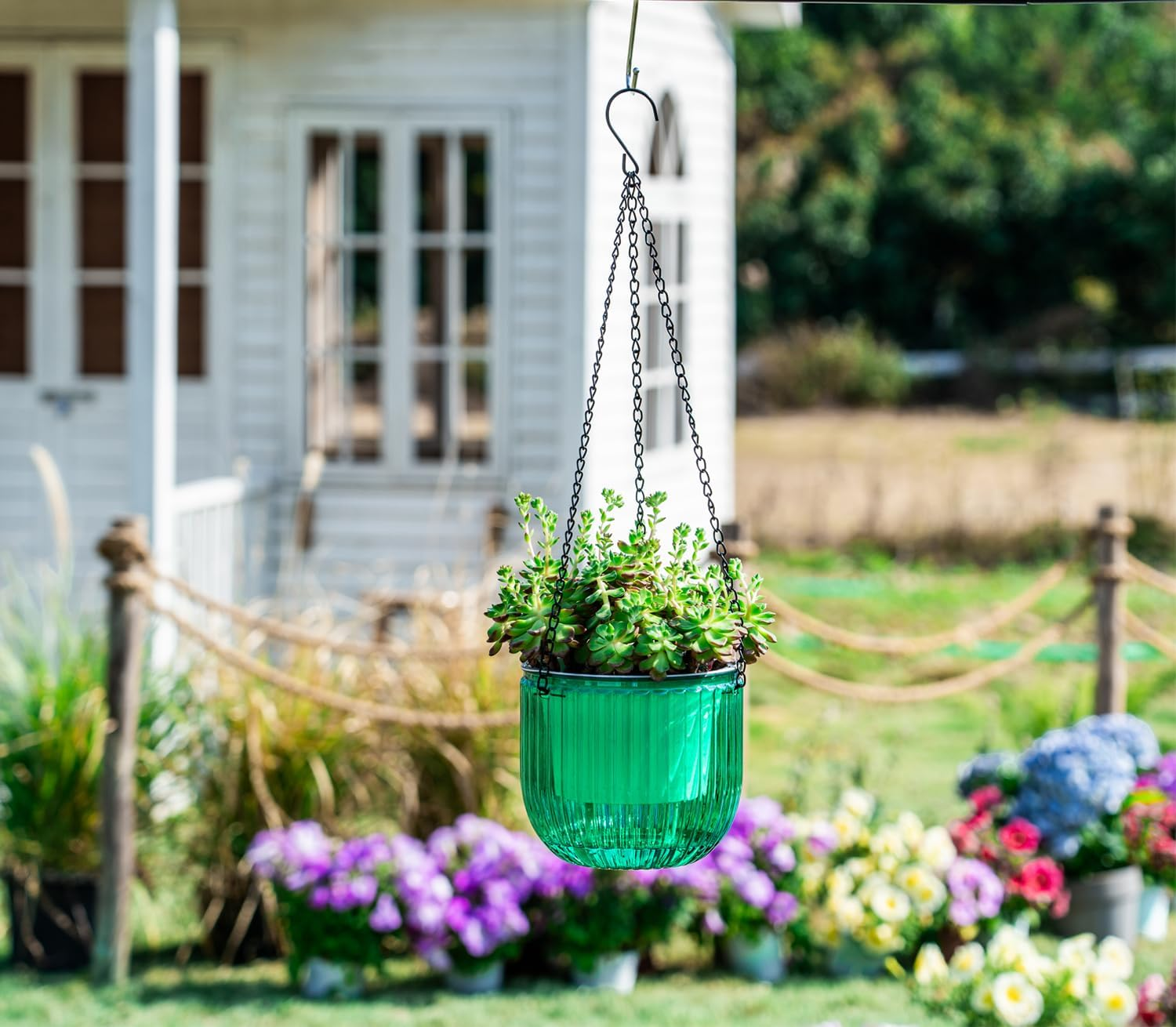 Melphoe 2 Pack Self Watering Hanging Planters Indoor Hanging Flower Pots, 6.5 Inch Outdoor Hanging Plant Pot Basket, Plant Hanger with 3Hooks Drainage Holes for Garden Home Emerald+White