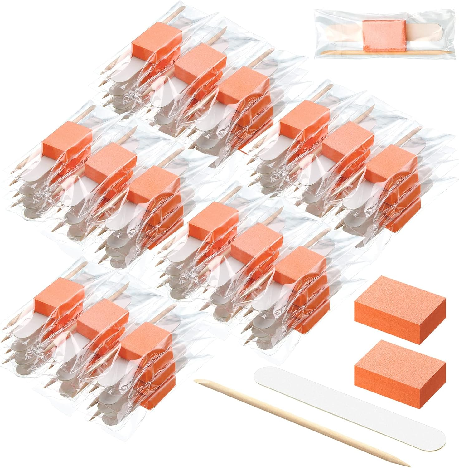 120 Sets Disposable Manicure Kit Basics 3 Pieces Nail Kit, White Wood Nail File 180/180 Grit, Orange Mini Buffer 100/180 Grit, Individually Packed Mini Pedicure Set for Fingernails Toenails image number 2