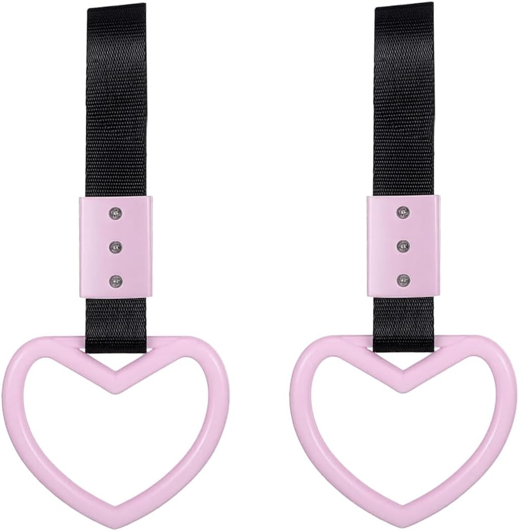 GLSOWEE 2PCS Heart-Shaped Car Handle Straps, Auto Grap Handle Warning Pull Ring, Heart Decor for Car, SUV, Subway, Bus
