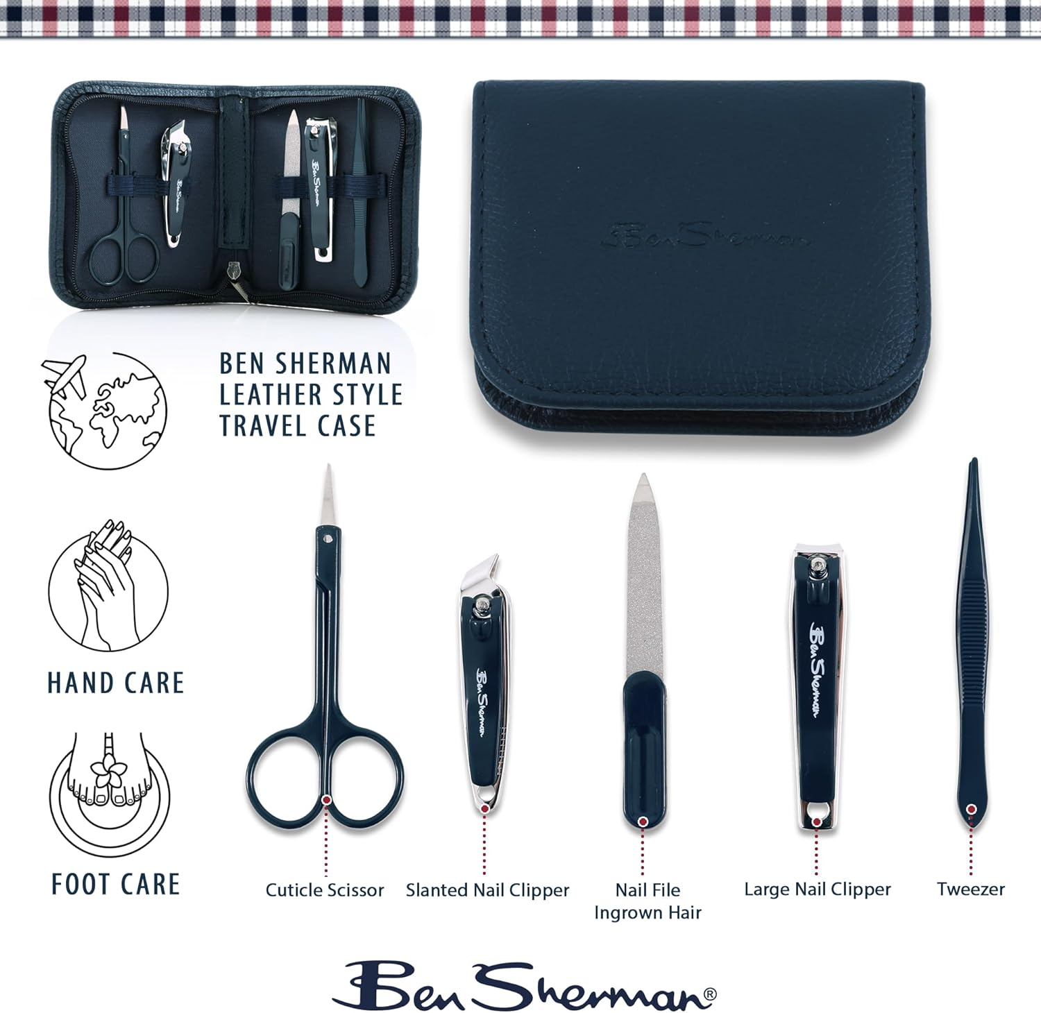 Ben Sherman Nail Clippers for Men Travel Size Nail Clipper Set, 5 Pcs Mens Nail Grooming Kit Includes Nail Clippers, Scissors, Tweezers and Leather Traveling Case image number 3
