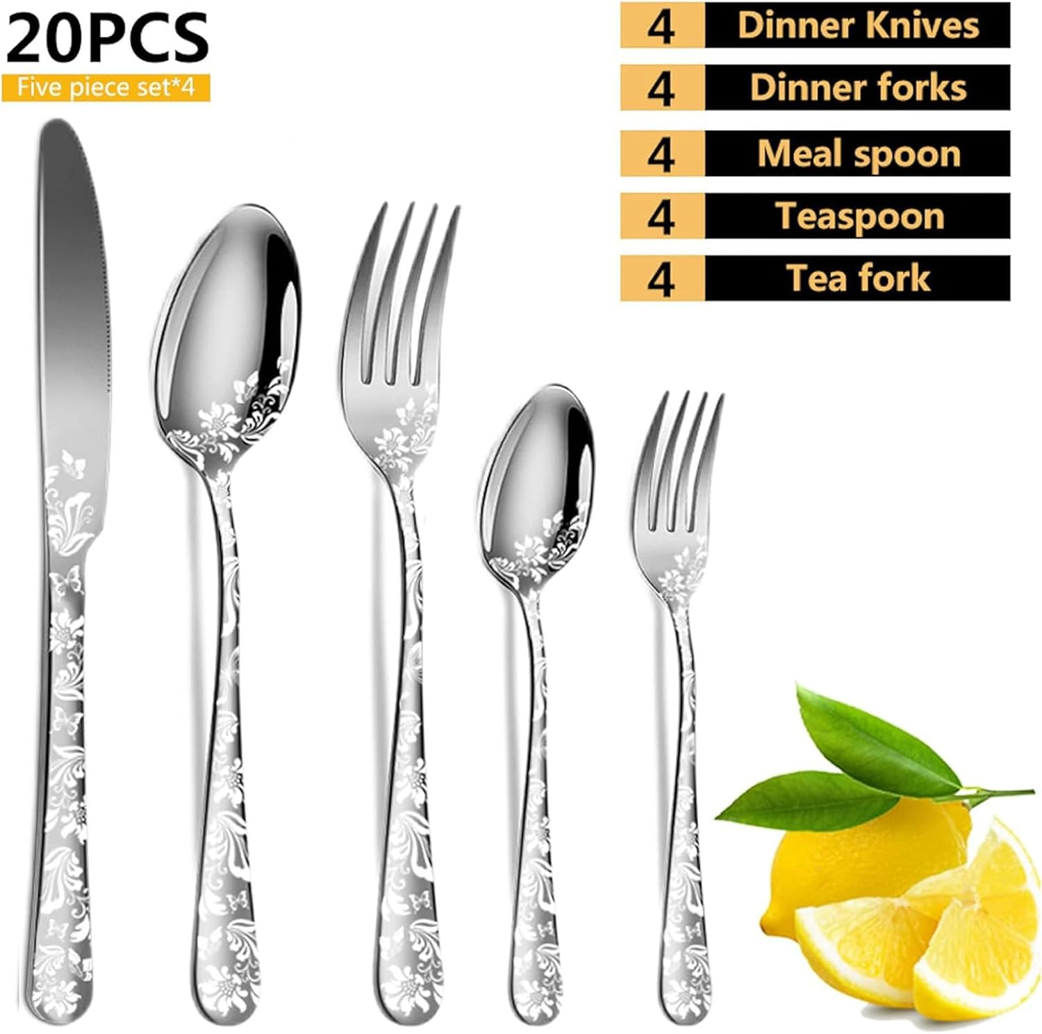 20Pcs Stainless Steel Flatware Set, Unique Flower Pattern Silverware Set Service for 4 People, Silver Cutlery Set with Knives/Forks/Spoons, Mirror Polished Utensil Set for Kitchen, Dishwasher Safe image number 5