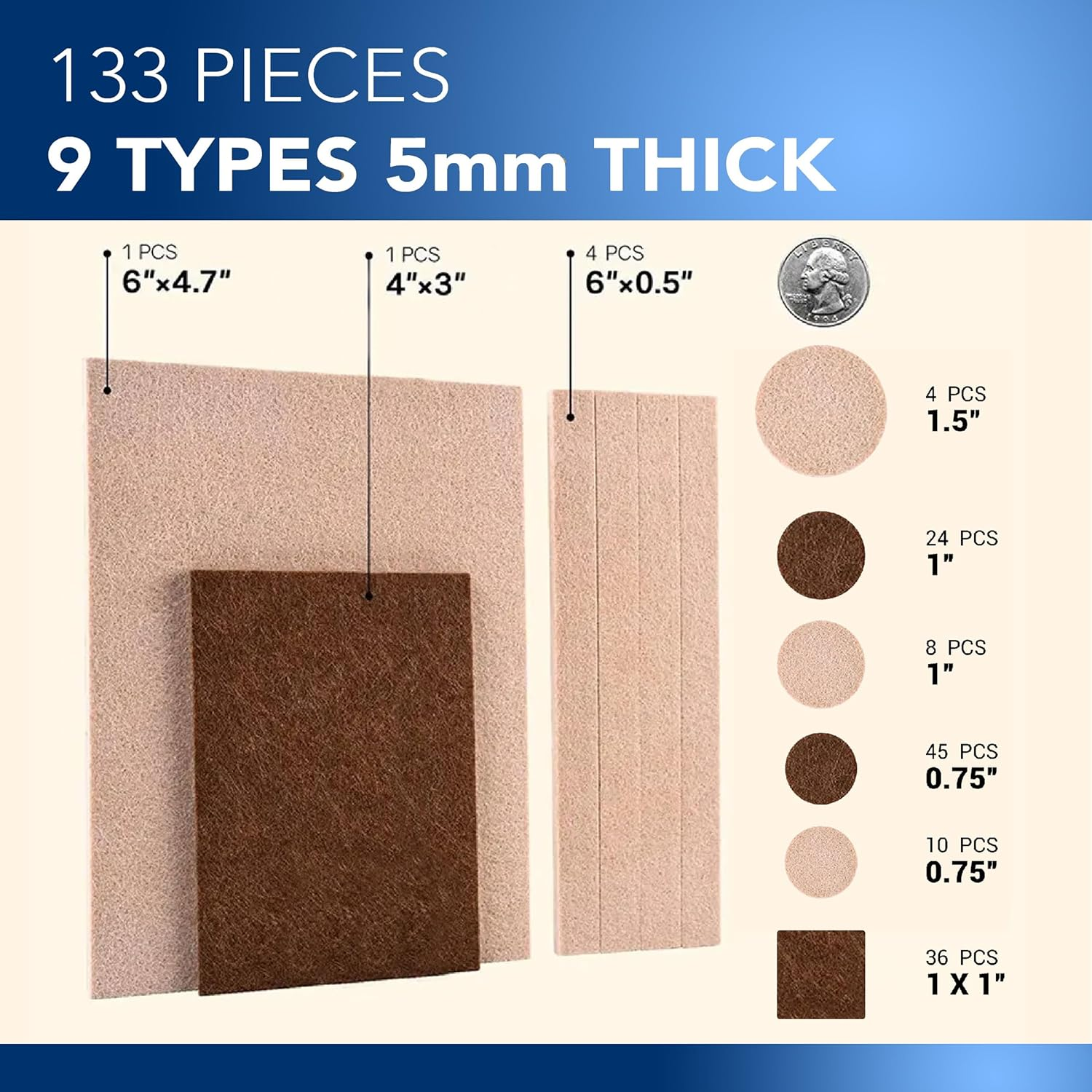 Serenelife Scotch Felt Pads 133 PCS Beige, Felt Furniture Pads for Protecting Hardwood Floors, Round, Assorted Sizes Value Pack, Self-Stick Design, Protecting from Nicks,Dents and Scratches (SP845-NA) image number 1
