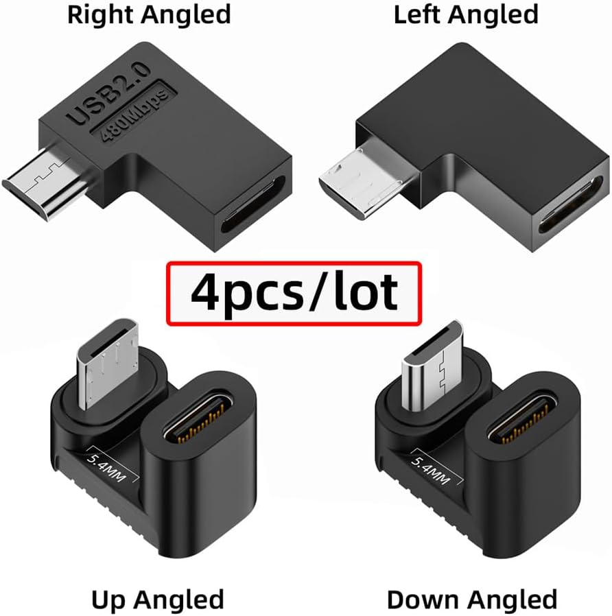 Xiwai 90/360 Degree Angled USB-C to Micro USB Adapter 4 Pack, USB2.0 Type C Female to Micro USB Male Power Data Adapter(Right & Left &Up & Down) for Phone Tablet image number 4