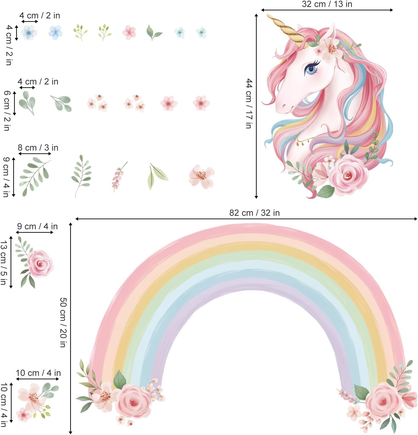 Wondever Large Rainbow Wall Decals Unicorn Flower Peel and Stick Wall Art Stickers for Girls Bedroom Kids Room Baby Nursery - Unicorn image number 5