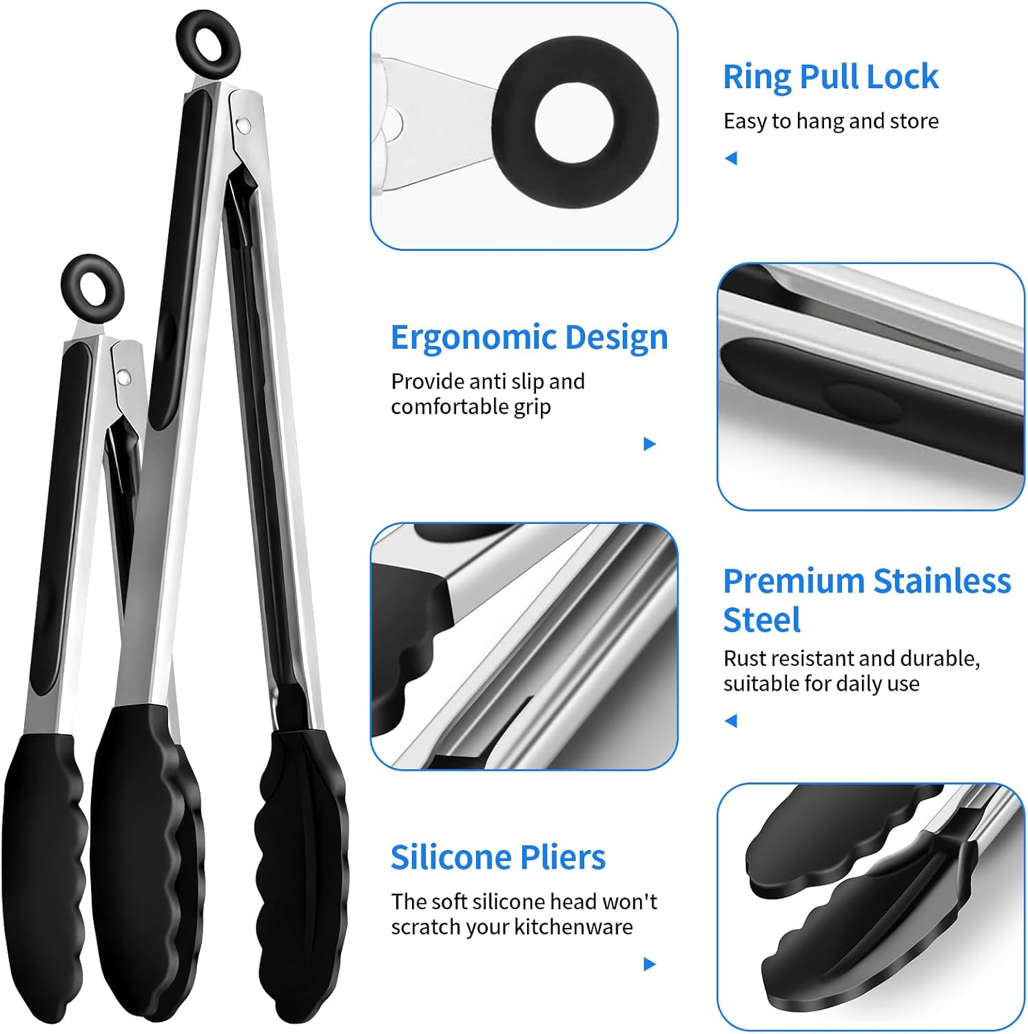 Kitchen Tongs Set of 2, 9-Inch and 12-Inch Stainless Steel Silicone Tongs with Non-Stick Surface, Black and Silver for Kitchen, BBQ, Food, Travel, Kitchen Utensils
