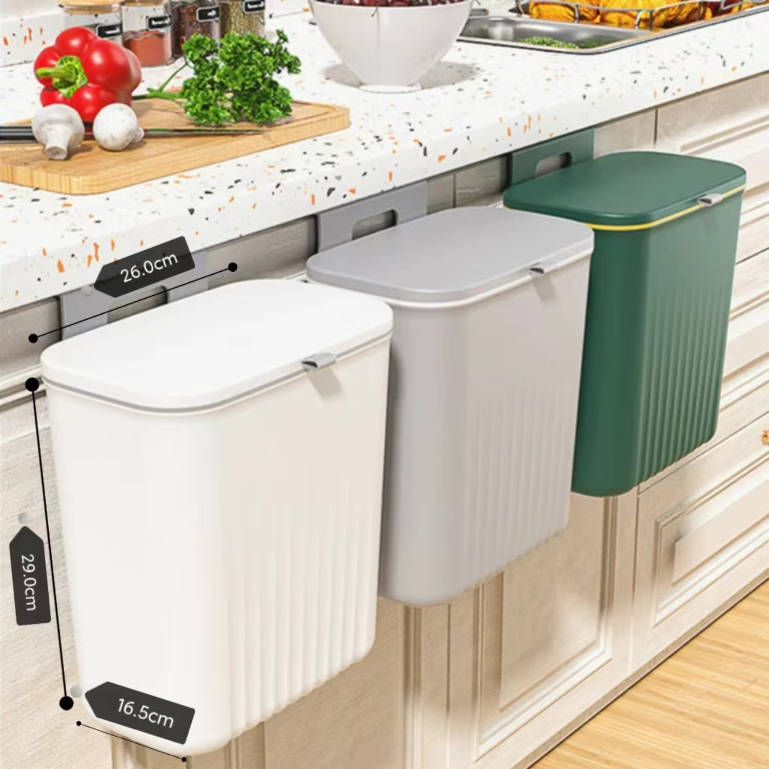 DAIYEE 9L Kitchen Compost Bin for Counter Top or under Sink, Hanging Large Capacity Trash Can with Lid for Cupboard/Bathroom/Bedroom/Office/Camping, Mountable Indoor Compost Bucket（White 1Pcs）