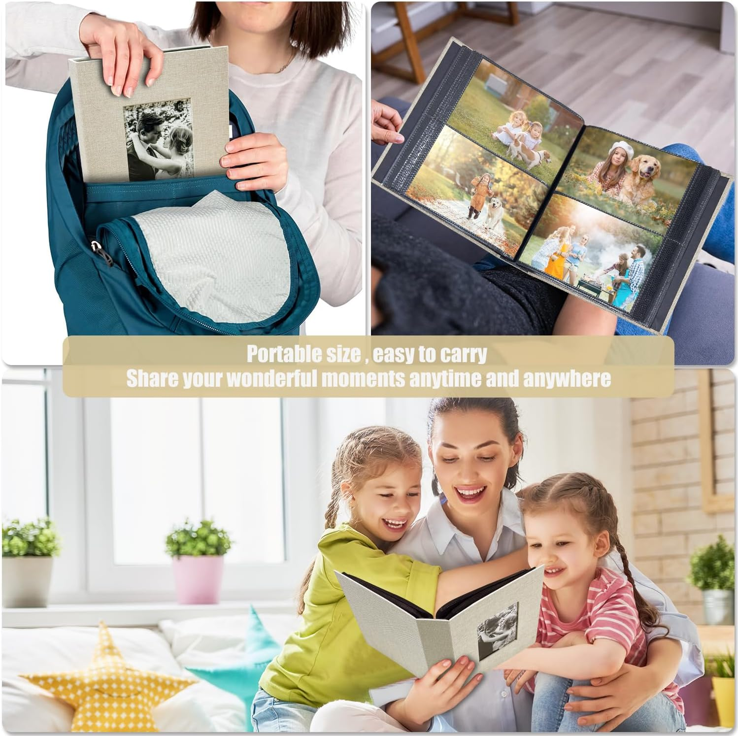 Photo Album 4X6 with 200 Pockets, Slip-In Picture Albums, Linen Cover Memory Book with Front Window, Black Page Vertical Photo Book for Wedding, Family, Anniversary, Baby, Vacation(Beige) image number 6