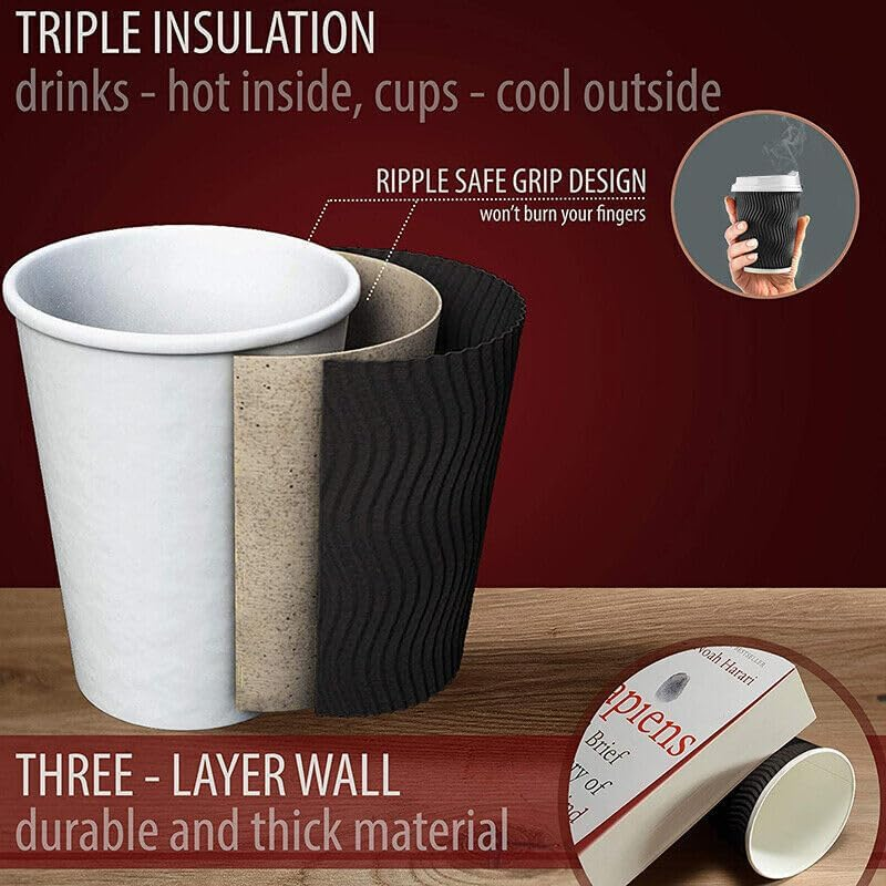 Disposable Coffee Cups 8Oz 12Oz 16Oz Bulk Takeaway Paper Triple Wall Take Away, Insulated for Hot Beverages with Lids Included image number 2