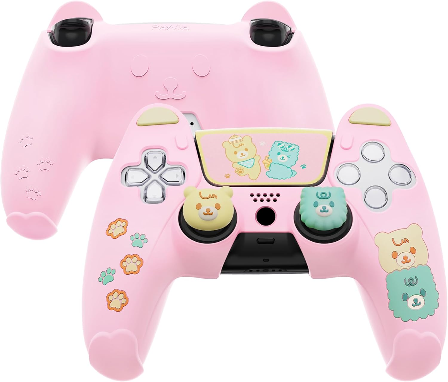 Playvital Cute Bear Controller Silicone Case for Ps5, Kawaii Controller Cover Compatible with Charging Station, Gamepad Skin Protector for Ps5 with Touch Pad Sticker & Thumb Grips - White & Pink