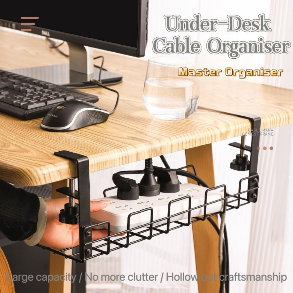 2 Pack under Desk Cable Management Tray No Drill, Underdesk Cable Organiser for Cable Management, Ultra-Rugged Desktop Cable Rack with Clips, Standing Desktop Cable Manager (15.75" Black)