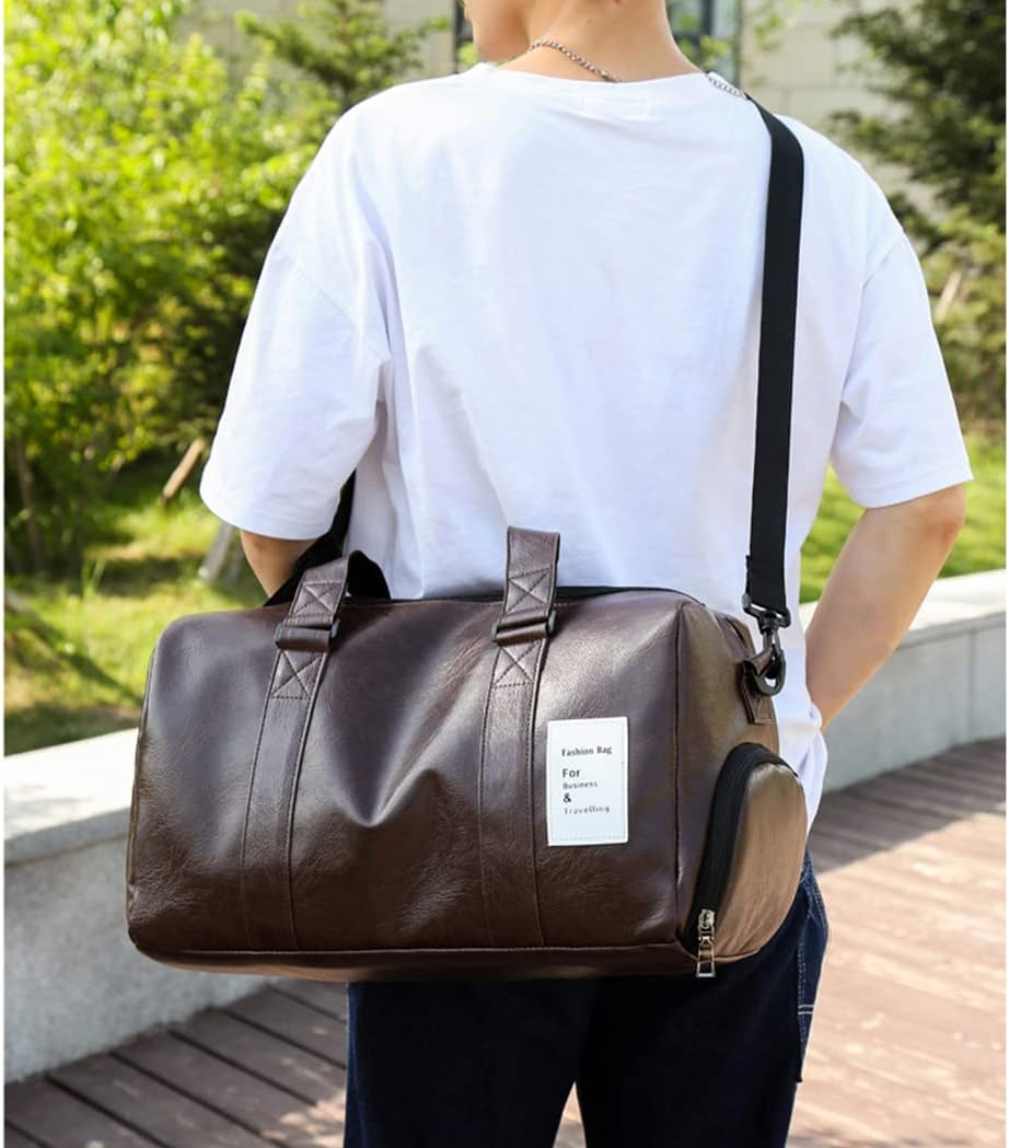 ANNI RIEL Leather Gym Bag Travel Duffel Bag with Shoe Compartment, Fashion Waterproof Duffel Bag Carry on Tote Weekender Overnight Bag, Brown, 40 X 24 X 24 CM/15.7 X 9.4 X 9.4 Inch - Black image number 5