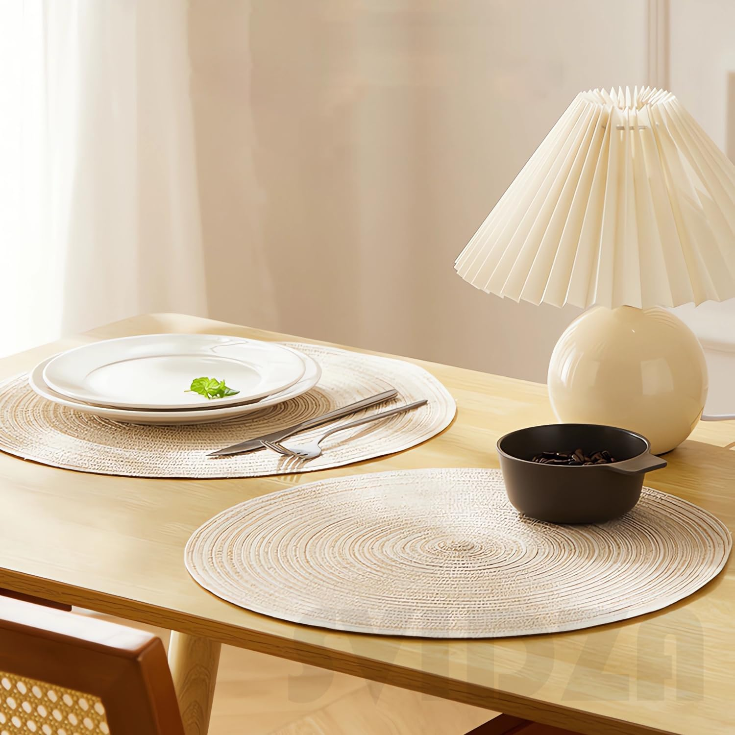 Round Placemats Set of 6, Washable round Braided Place Mats, Suitable for Kitchen Dining Tables, 15" Heat Resistant Table Mats - Beige - Beige image number 6