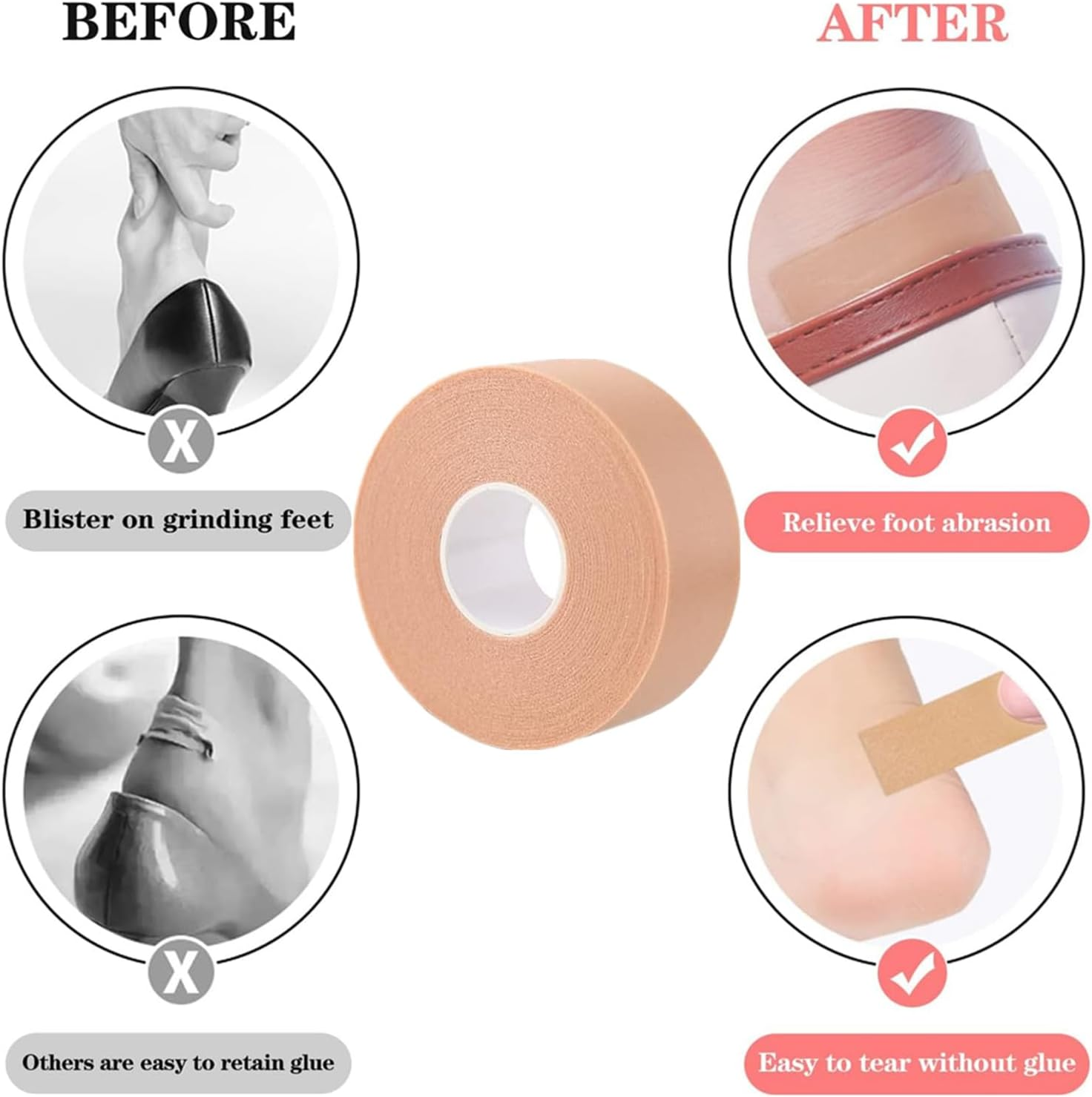 4 Rolls Feet Moleskin Tape, 2.5Cm X 5M Moleskin Plasters Padding Bandage for Toe Finger Hand Anti-Slip Adhesive High Heel Sticker Patches Protection Strips for Blisters Prevention and Healing