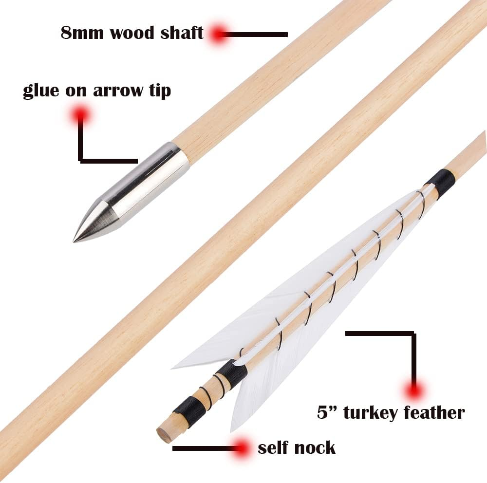 32 Inch Wooden Arrow English Longbow Arrow Target Pracrice Arrow Shaft with 5" Turkey Feather Fletching and Field Point for Recurve Bow Longbow Traditaonal Bow image number 7