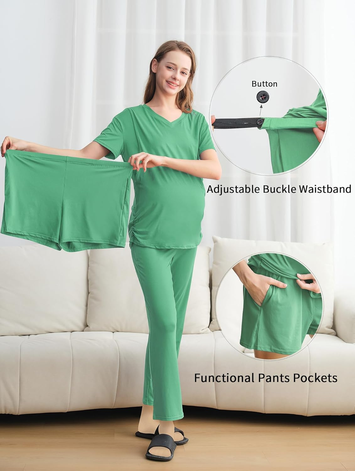 DANSHOW 3 Piece Maternity Nursing Pajamas Set Postpartum Pjs Breastfeeding Sleepwear, Adjustable Waistband image number 2