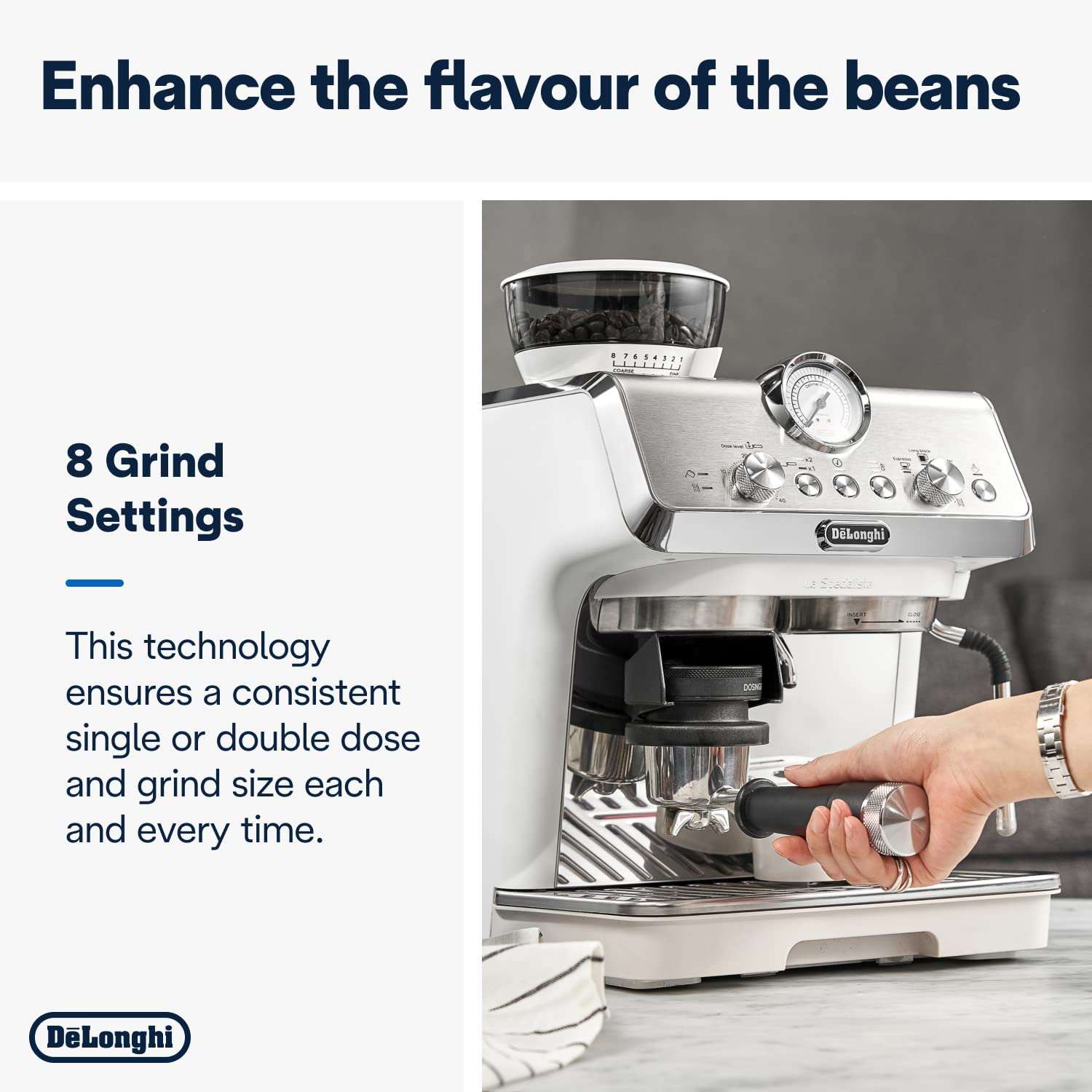 De'Longhi La Specialista Arte EC9155.W, Manual Espresso Coffee Machine, Compact Design, Barista Tools, Manual Milk Texturing, White image number 5