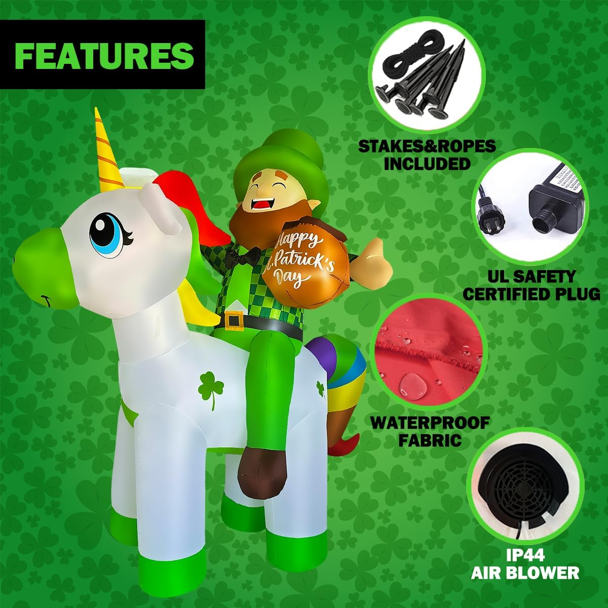BLOWOUT FUN 6Ft St Patricks Day Inflatables Leprechaun Riding Unicorn Decoration LED Blow up Lighted Decor Indoor Outdoor Holiday Art Decor