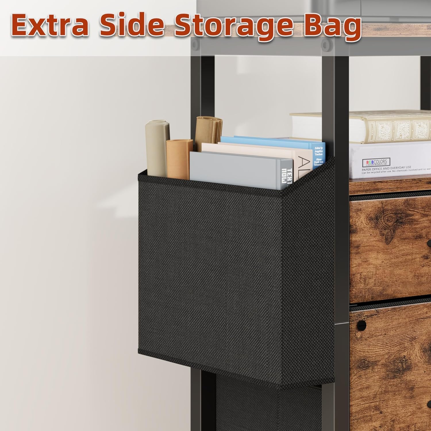 GYIIYUO 2 Fabric Drawer File Cabinet with 24'' Extended Desktop, Mobile Filing Cabinet, Rolling File Cabinet with Side Bag, Fits A4 Size, Home Office, Light Brown image number 6