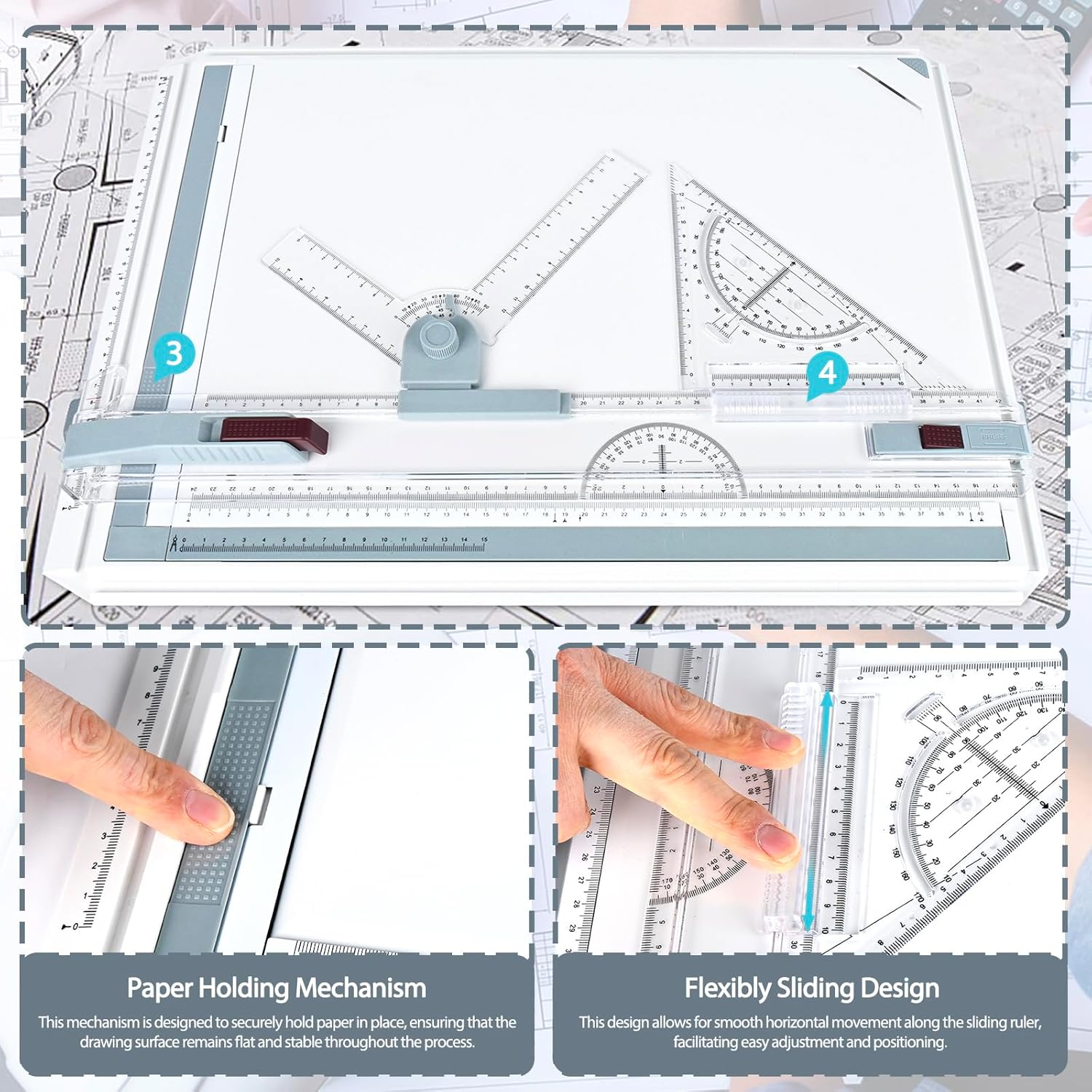 SOCROTO A3 Drafting Board Multifunctional Portable Drafting Table Graphic Architectural Sketch Portable Drafting Board with Clear Rule Parallel Motion and Angle Adjustable Measuring System image number 2