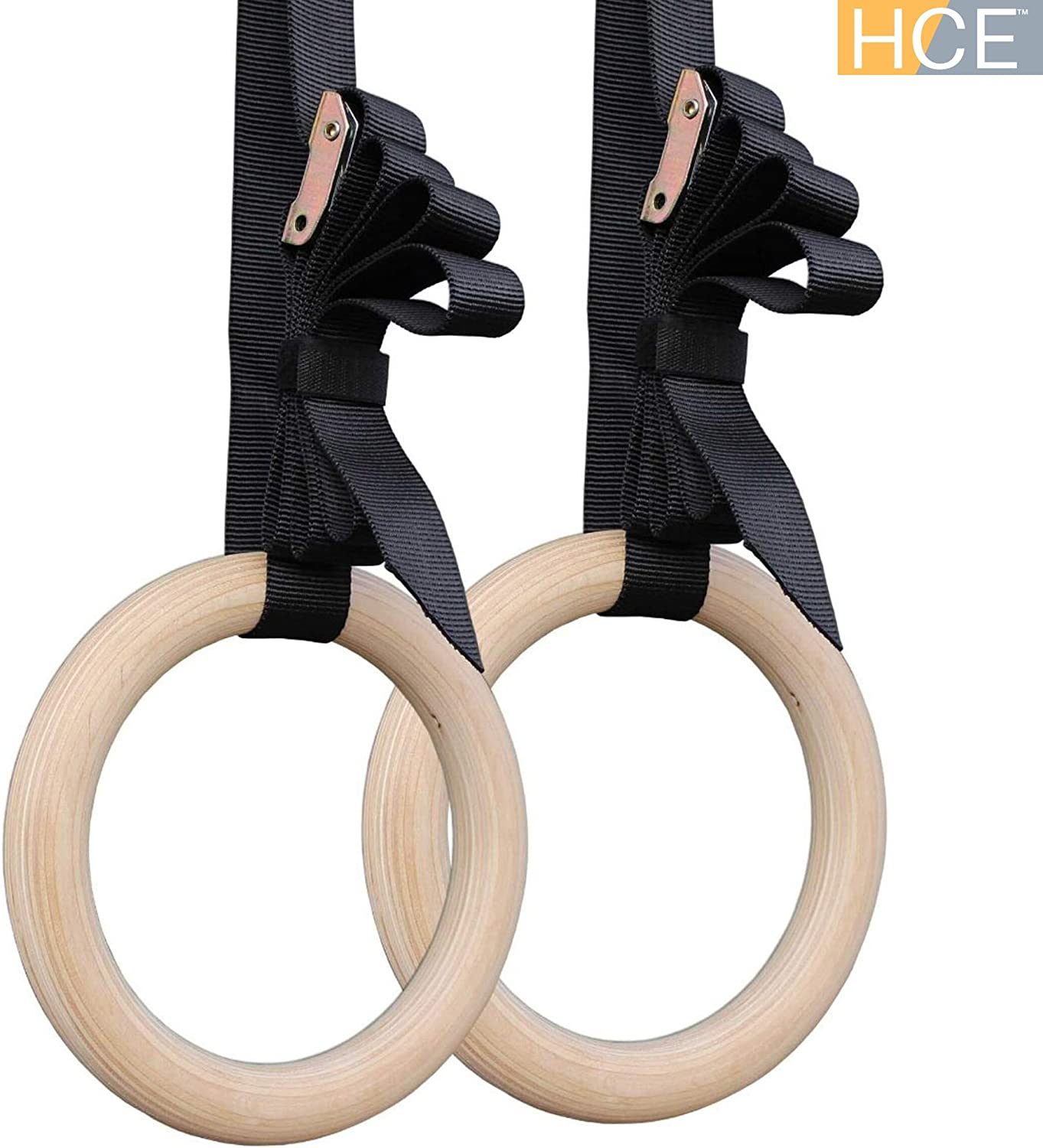HCE Gymnastic Rings with Adjustable Straps & Metal Buckles, Non-Slip Olympic Ring Hoops Pair - Gym Rings, Strength Training, Pull-Ups, Dips or Chin-Ups Sports Fitness Exercise Workout