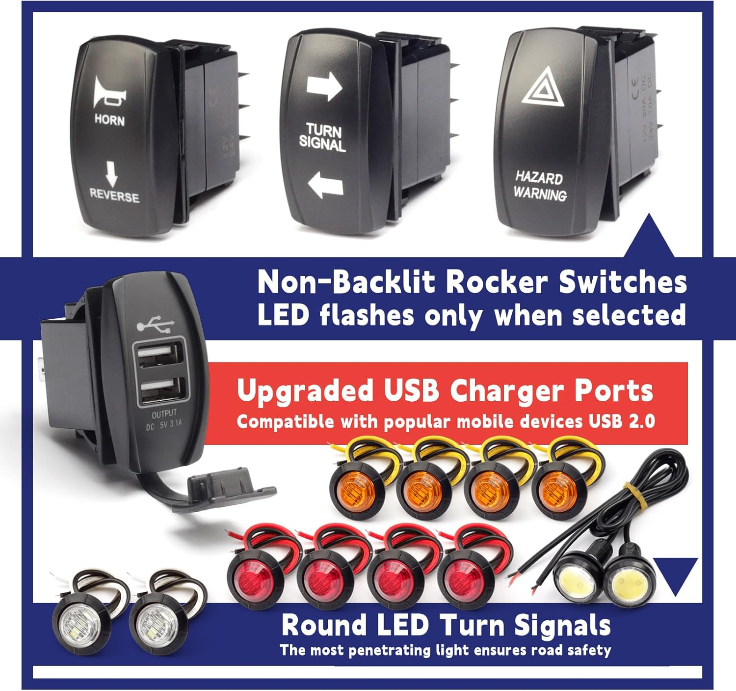 Universal ATV UTV SXS Turn Signal Street Legal Blinker Kit with 110DB Horn Reverse Hazard Light Rocker Switch USB Flasher Relay Compatible with Polaris RZR Ranger Xp Turbo Can-Am Kawasaki Golf Cart image number 6