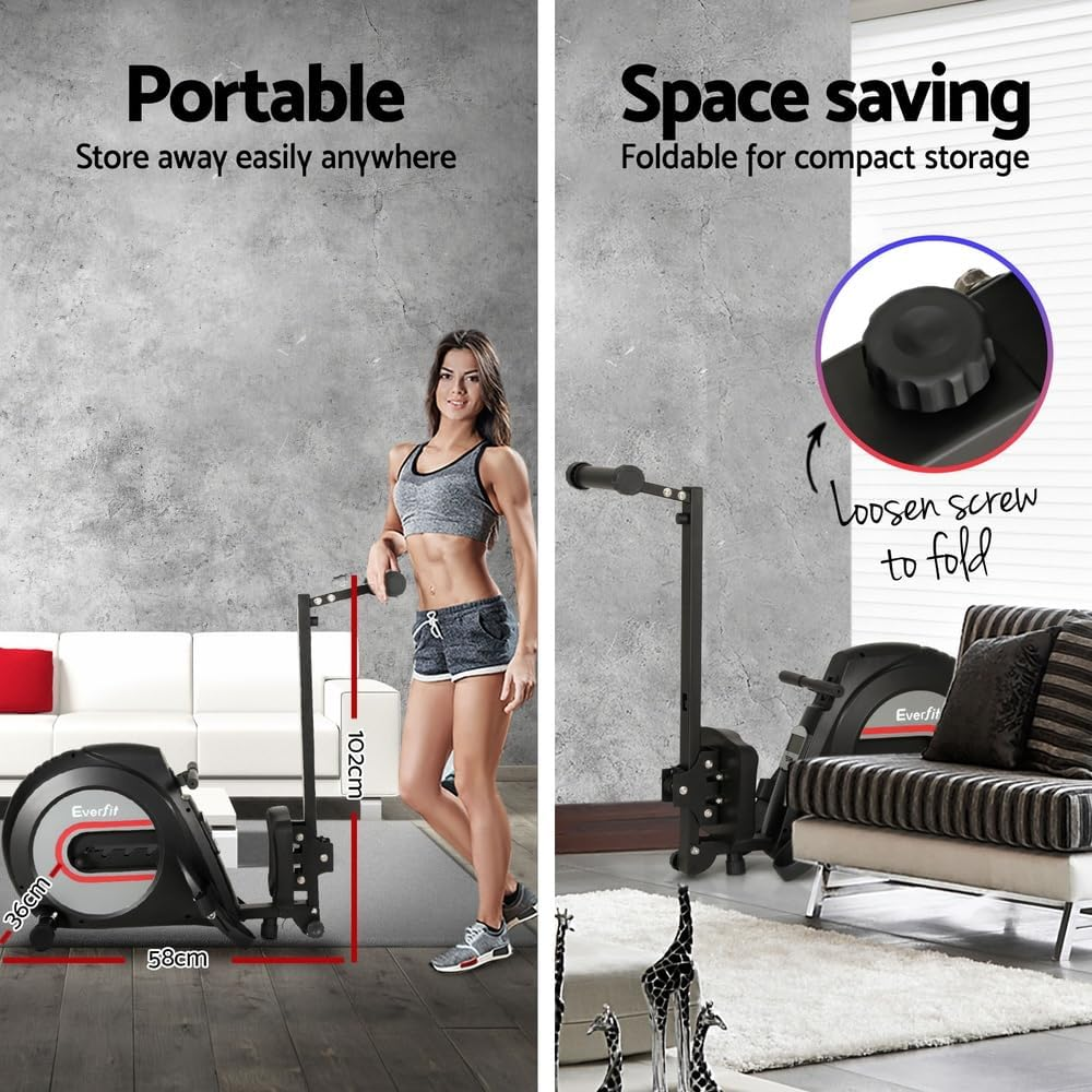 Everfit Elastic Rope Resistance Rowing Machine, Foldable Rower Home Gym Fitness Equipment Cardio Workout Exercise, Adjustable 4 Levels 150KG Weight Capacity Black