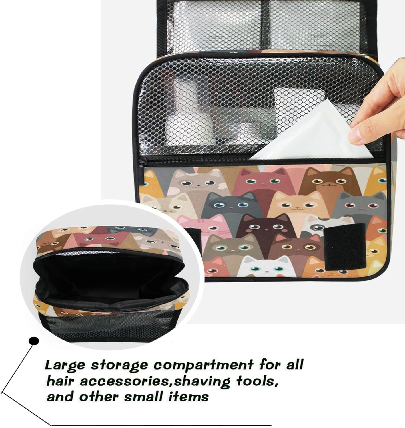 Cute Animal Cat Pattern Hanging Toiletry Bag for Women Men, Portable Makeup Bag Organizer Cosmetic Bag for Purse Pouch Waterproof Travel Essentials Large Wash Bag for Kids Girls, Multicolor, One Size
