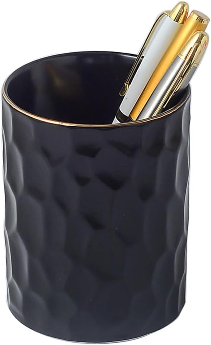 YOSCO Desk Organizer Set of 2 for Office, Ceramic Pen Holder and Paper Clip Holder, Cute Pencil Cup Pot for Desk, Paper Clip Dispenser for Desktop, Makeup Brush Holder, Ideal Gifts (Black Set)