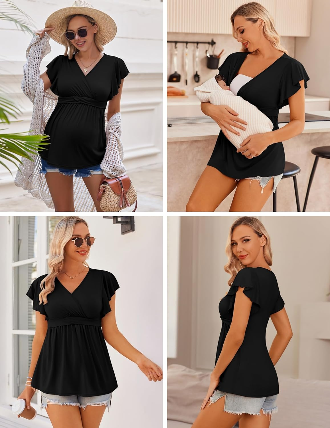 Ekouaer Women'S Maternity Shirts 3 Packs Flying Short Sleeve Nursing Tops V Neck Breastfeeding Tees Pregnancy Clothes image number 1