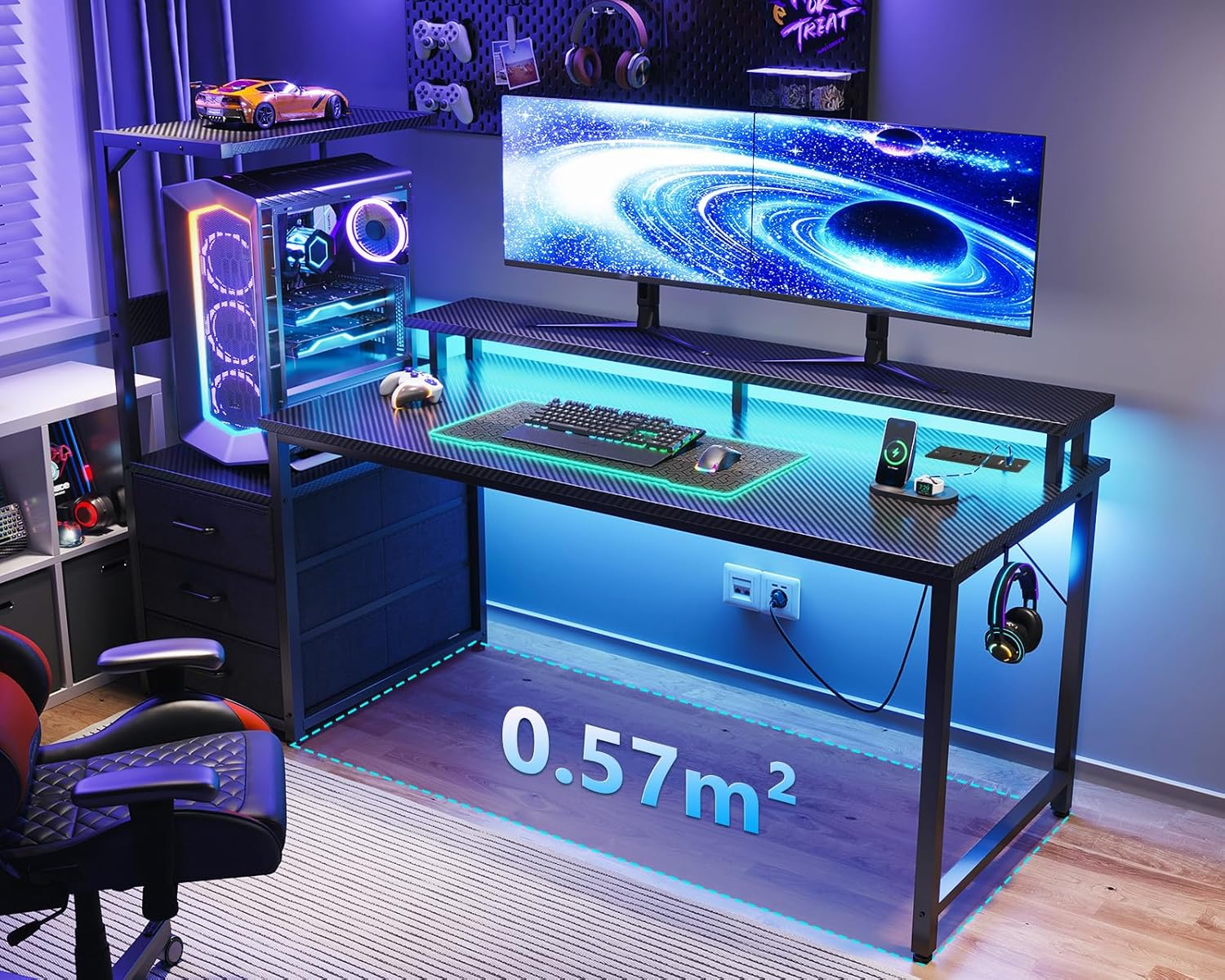 ODK 59Inch Gaming Desk with LED Lights & Power Outlet, Reversible Computer Desk with Drawers, Gaming Table with Monitor Stand & Storage, 151 * 50 * 114.7Cm, Carbon Fiber Black image number 1