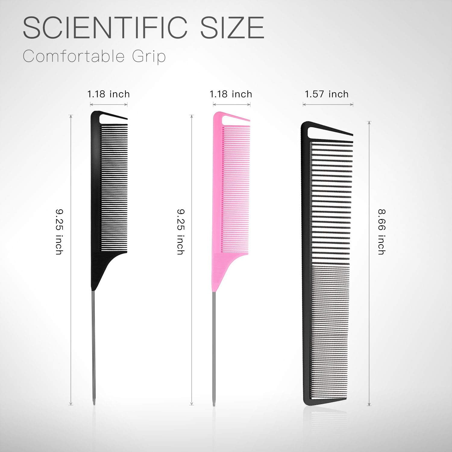 3 Pieces Rat Tail Comb Carbon Fiber Teasing Combs Parting Braids Comb Stainless Steel Pintail Comb Barber Styling Combs for Women Men Fine Teeth Salon Hairdressing Hair Care Tools image number 5