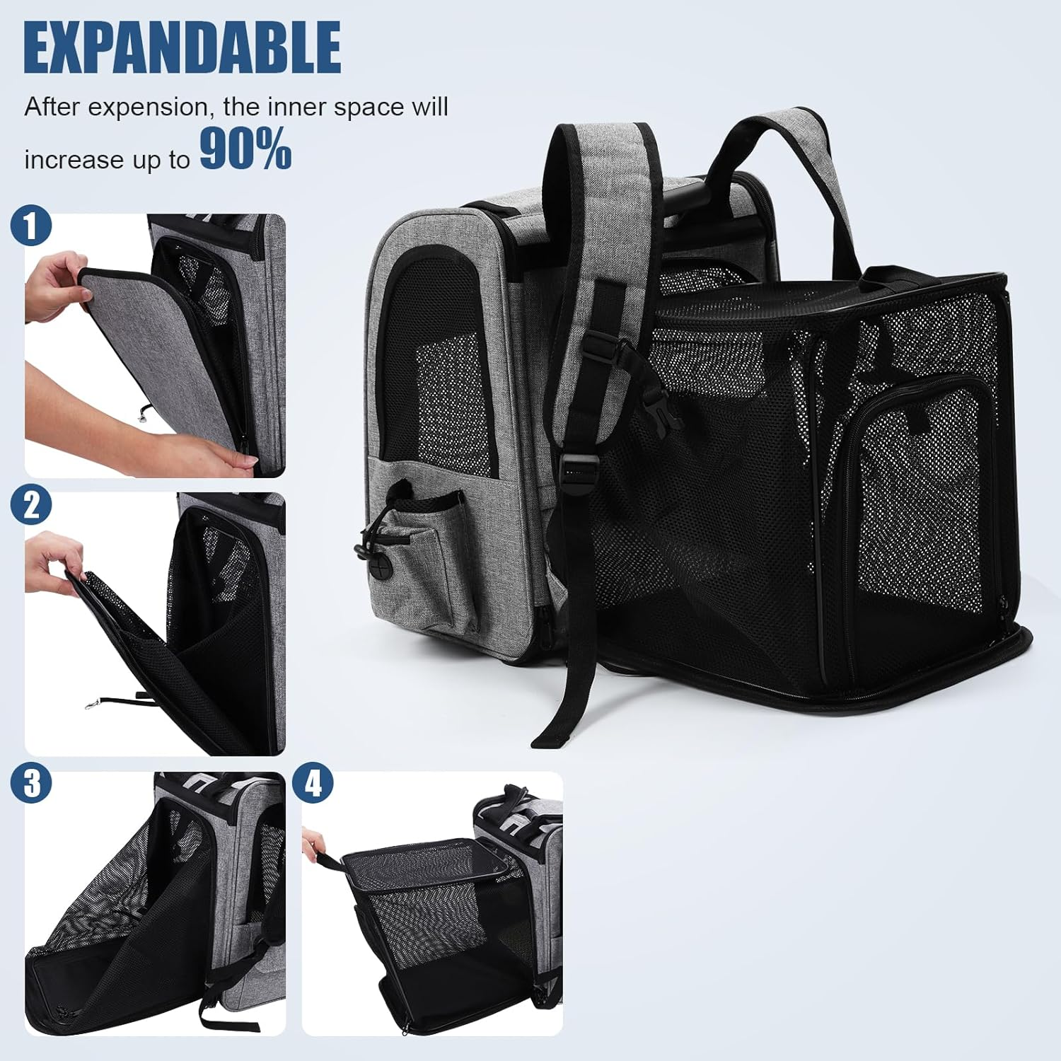Expandable Cat Backpack - Dog Backpack up to 8 Kg, Foldable Cat Backpack for Cats Dogs with Inner Safety Lead and Pet Mat Cat Transport Bag Max 42 X 28 X 60 Cm Grey image number 4