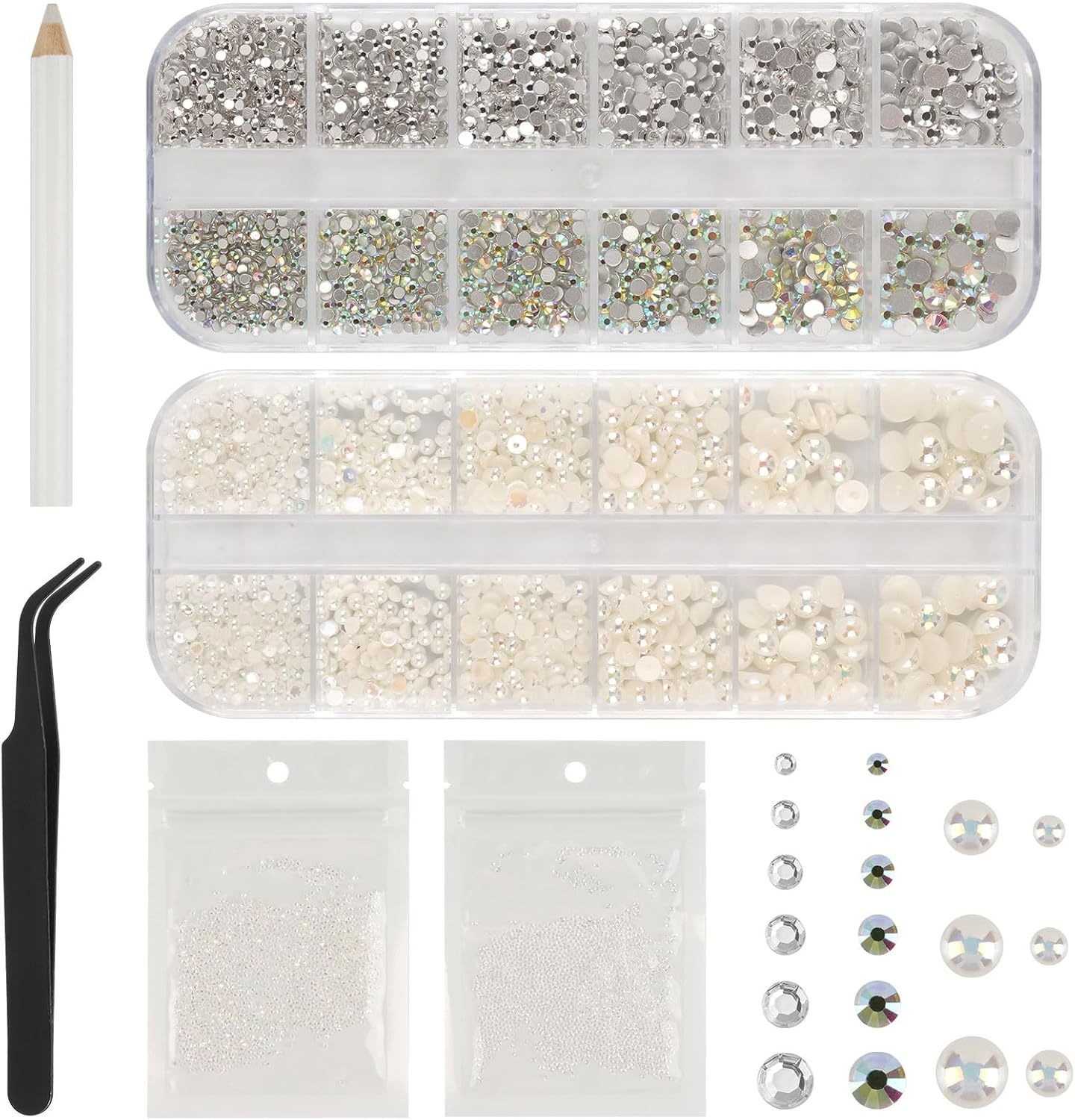 5820 Pieces Rhinestones Nails, Glitter Stones Nails and Semicircular Beads, AB Crystal Rhinestones, Flatback Nail Stones with Tweezers and Pen for Nail/Diy (Multiple Sizes and Colours) image number 1